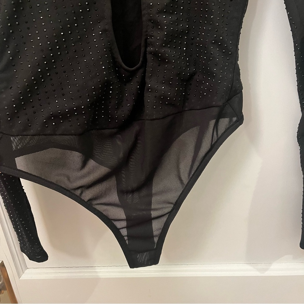 OW Collection Black Sparkly Rhinestone Studded Mesh Cutout Bodysuit - Picture 6 of 9